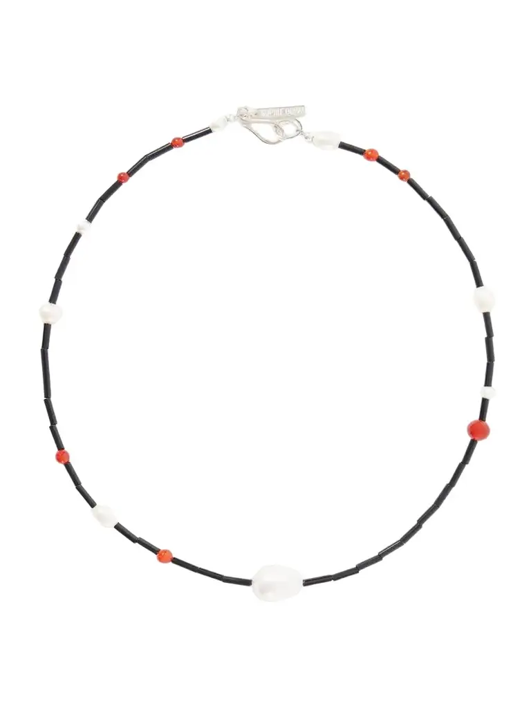 Celestial Sterling Silver, Pearl, Carnelian And Onyx Beaded Necklace