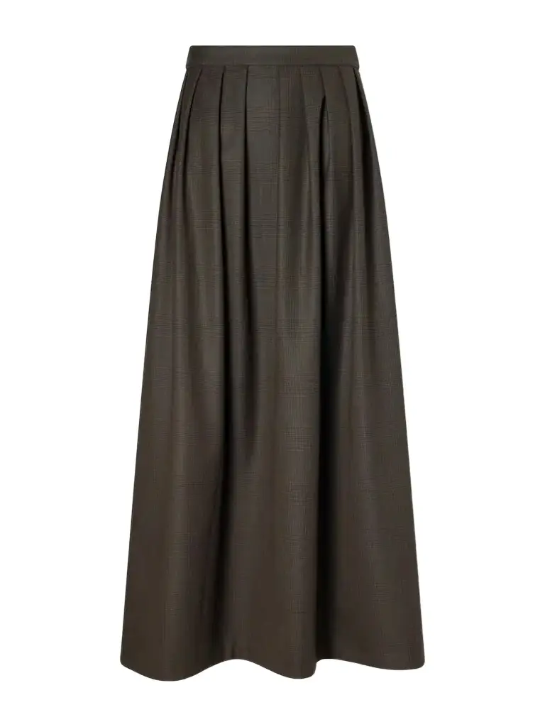 Pleated Prince Of Wales Checked Herringbone Wool Midi Skirt