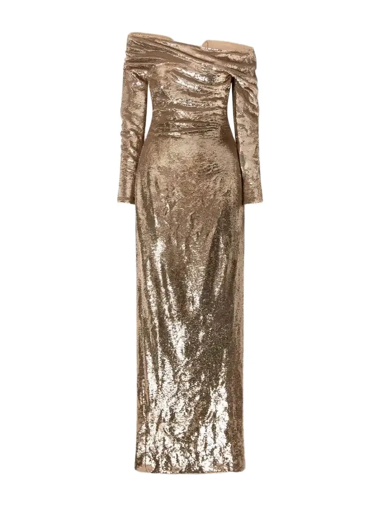 Off-the-shoulder Sequin-embellished Crepe Gown