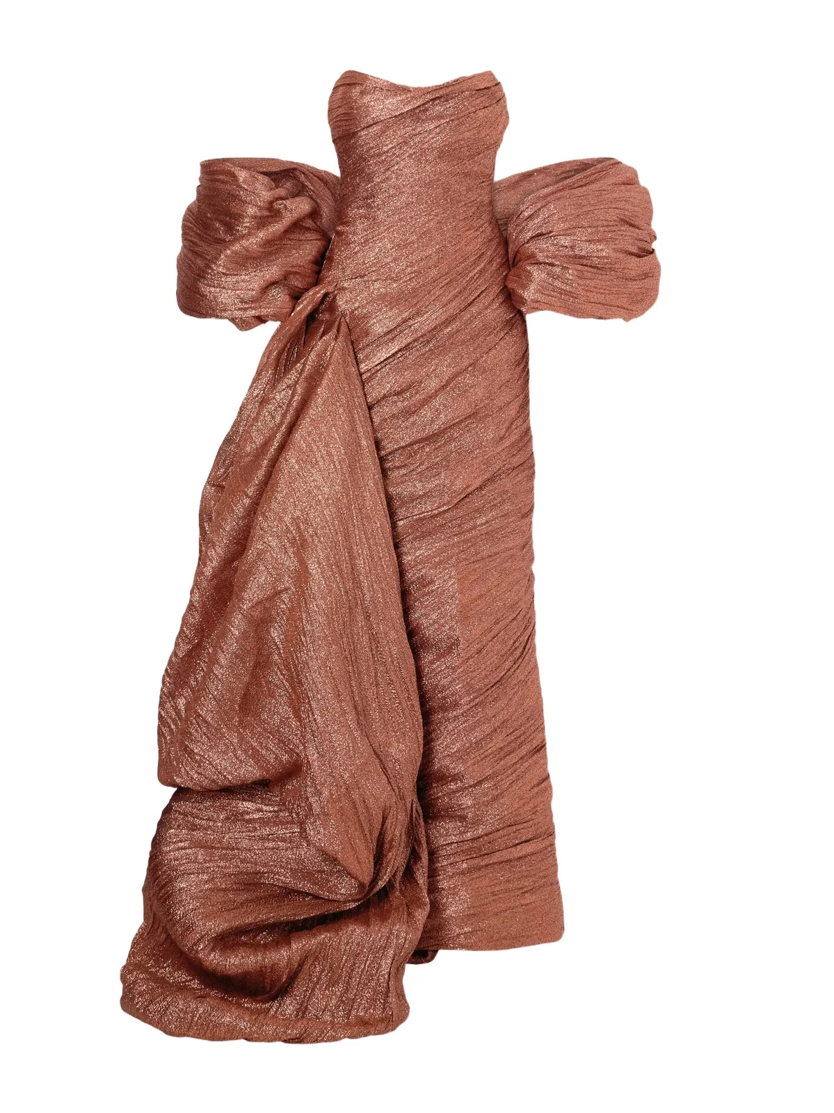 Strapless Draped Brocade Wrap Gown