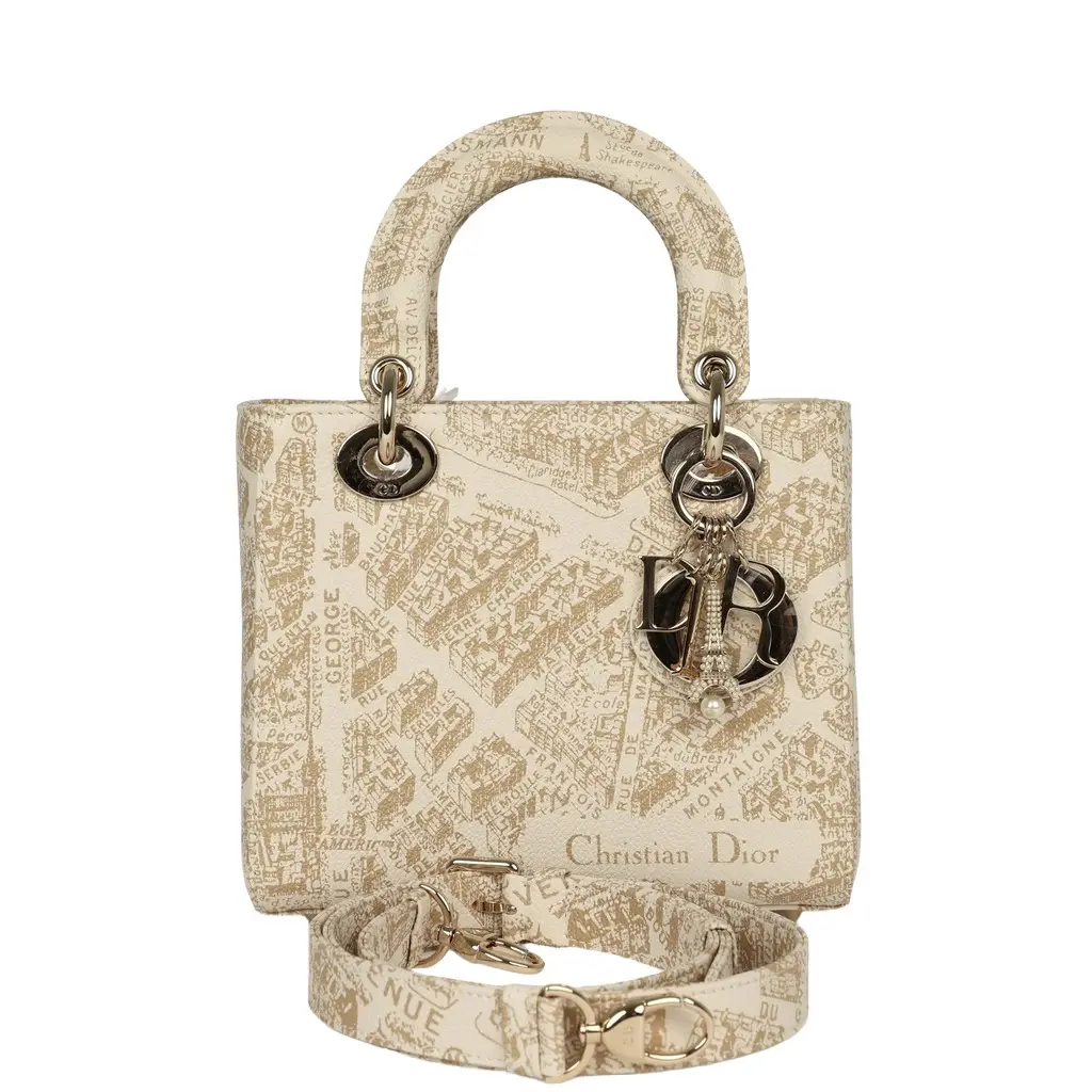 Dior Christian Dior Small "Plan de Paris" Lady Dior Bag Naturel, White Grained Calfskin Light Gold Hardware
