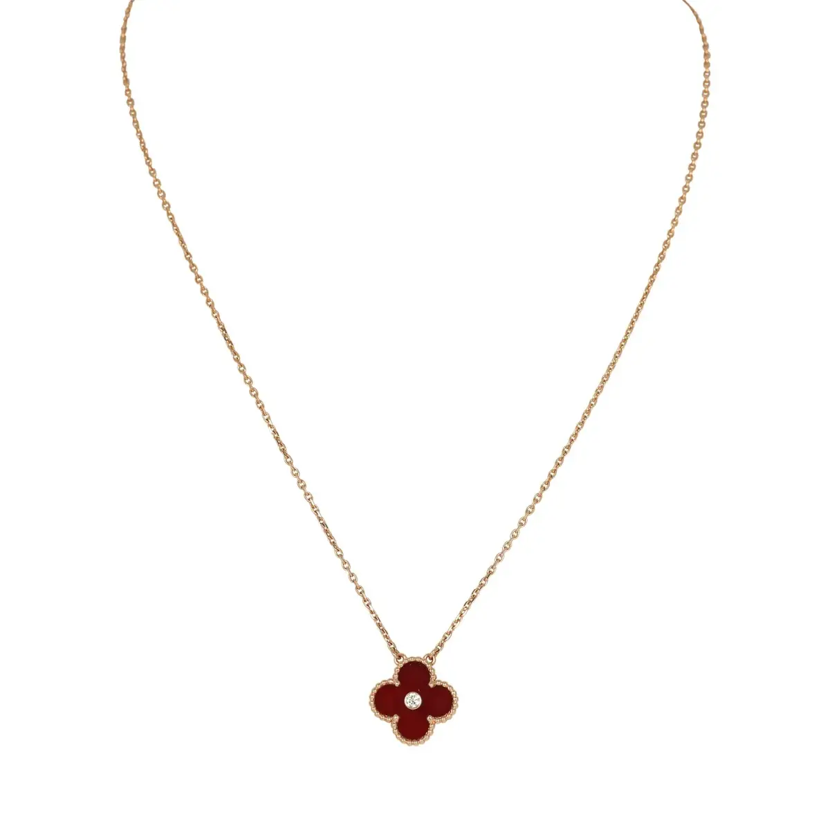 Pre-owned Van Cleef & Arpels 2011 Holiday Vintage Alhambra Pendant Necklace Carnelian 18K Rose Gold & Diamonds Pre-owned Van Cleef & Arpels 2011 Holiday Vintage Alhambra Pendant Necklace Carnelian 18K Rose Gold & Diamonds