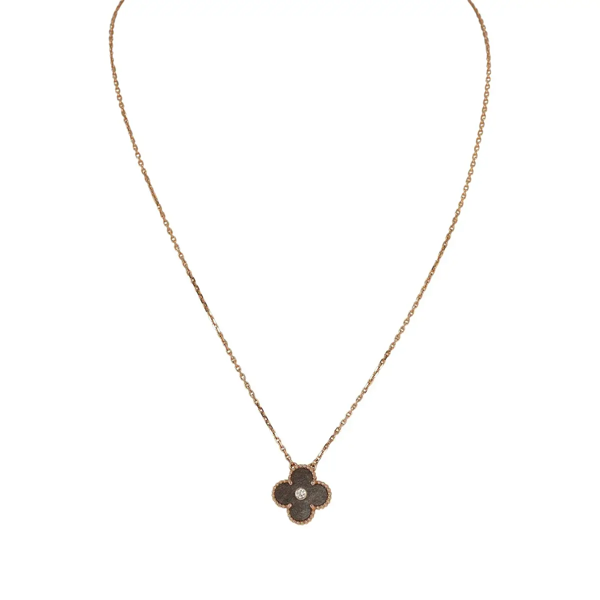 Pre-owned Van Cleef & Arpels 2023 Holiday Vintage Alhambra Pendant Necklace Silver Obsidian White Diamond Rose Gold Pre-owned Van Cleef & Arpels 2023 Holiday Vintage Alhambra Pendant Necklace Silver Obsidian White Diamond Rose Gold