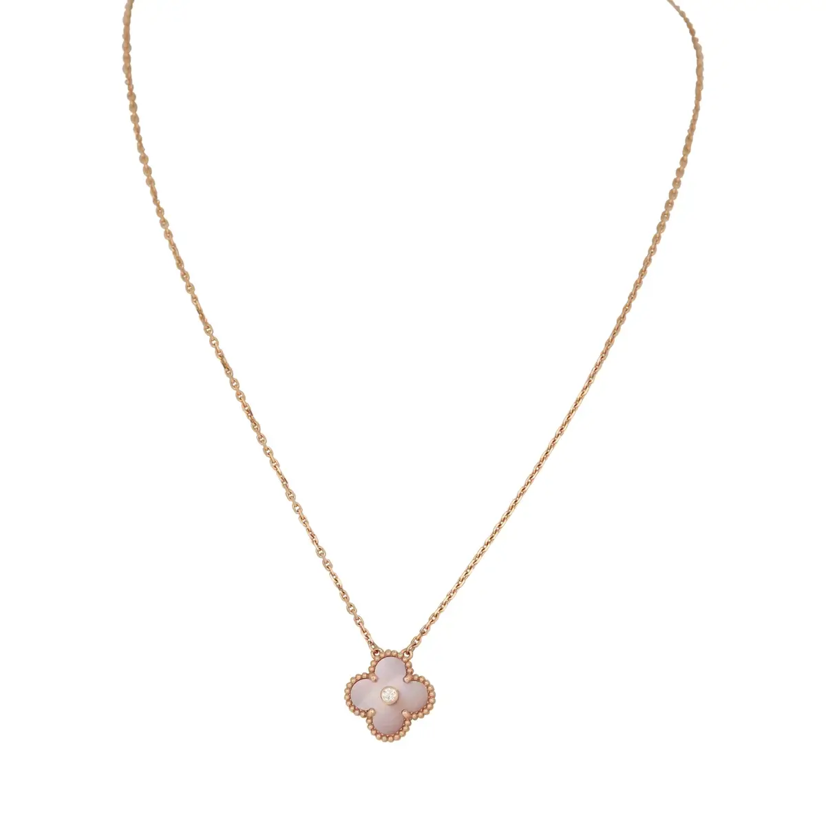 Pre-owned Van Cleef & Arpels 2025 Holiday Vintage Alhambra Pendant Necklace Pink Mother Of Pearl 18K Rose Gold & Diamonds Pre-owned Van Cleef & Arpels 2025 Holiday Vintage Alhambra Pendant Necklace Pink Mother Of Pearl 18K Rose Gold & Diamonds
