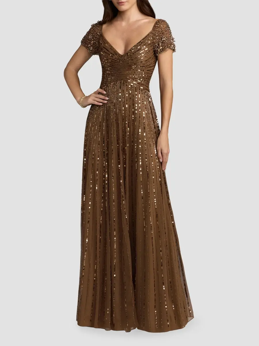 Mac Duggal Women's Embellished Mesh Fit & Flare Gown - Chocolate | Thumbnail 2 Mac Duggal Women's Embellished Mesh Fit & Flare Gown - Chocolate | Thumbnail 2