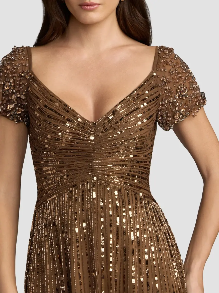 Mac Duggal Women's Embellished Mesh Fit & Flare Gown - Chocolate | Thumbnail 4 Mac Duggal Women's Embellished Mesh Fit & Flare Gown - Chocolate | Thumbnail 4