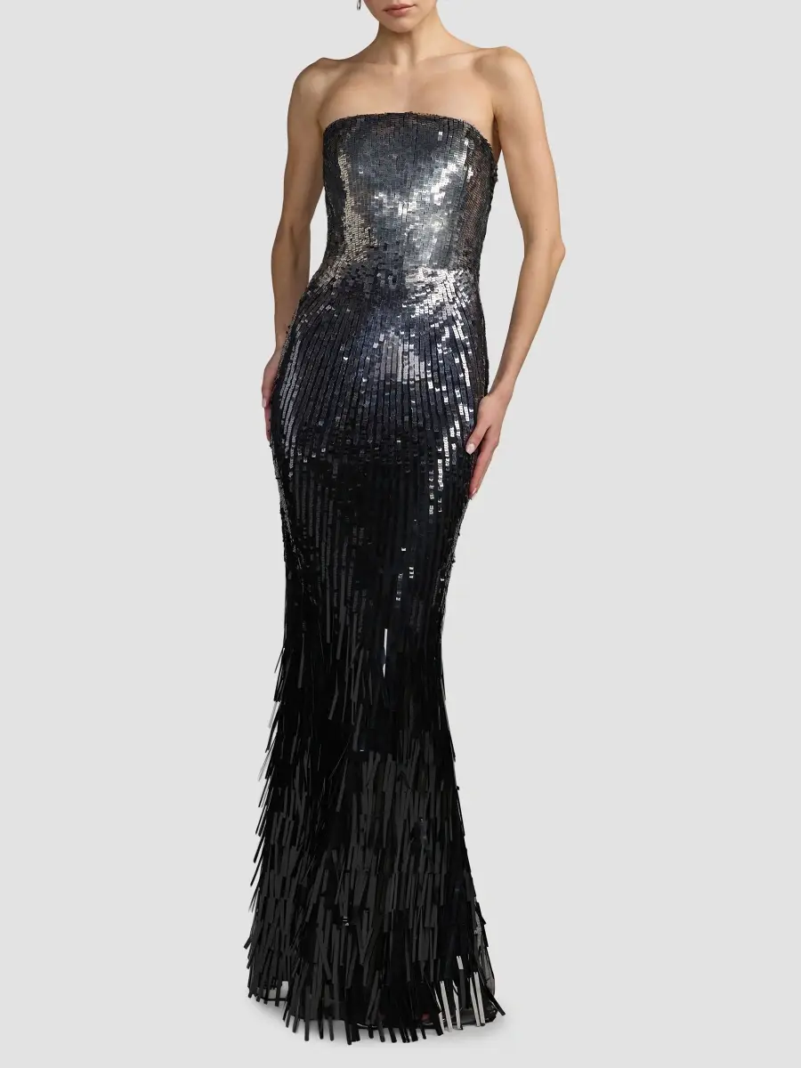Mac Duggal Women's Embellished Mesh Strapless Fringe Gown | Thumbnail 2