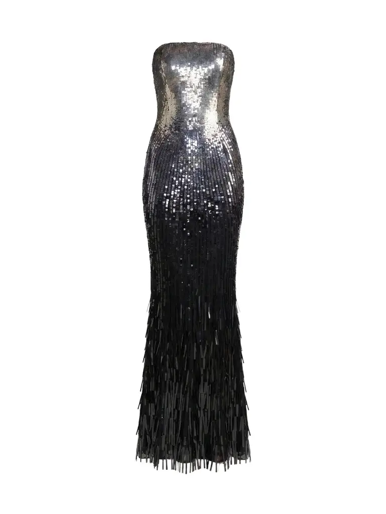 Mac Duggal Women's Embellished Mesh Strapless Fringe Gown