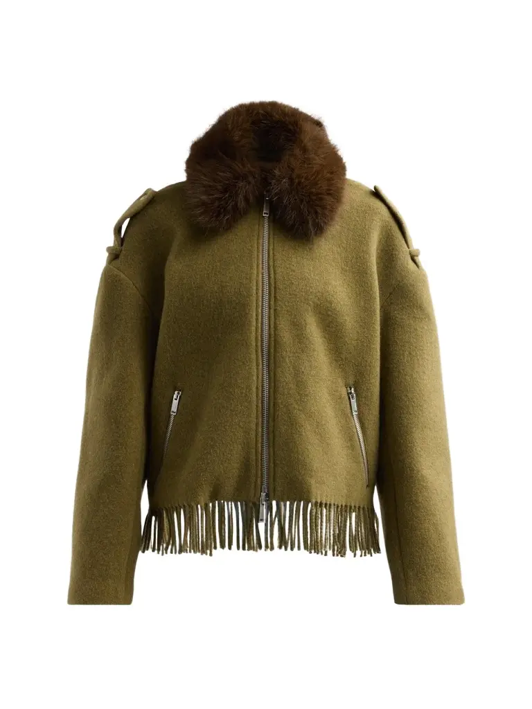 Women's Faux-Fur Collar Fringe-Hem Wool-Blend Jacket Women's Faux-Fur Collar Fringe-Hem Wool-Blend Jacket