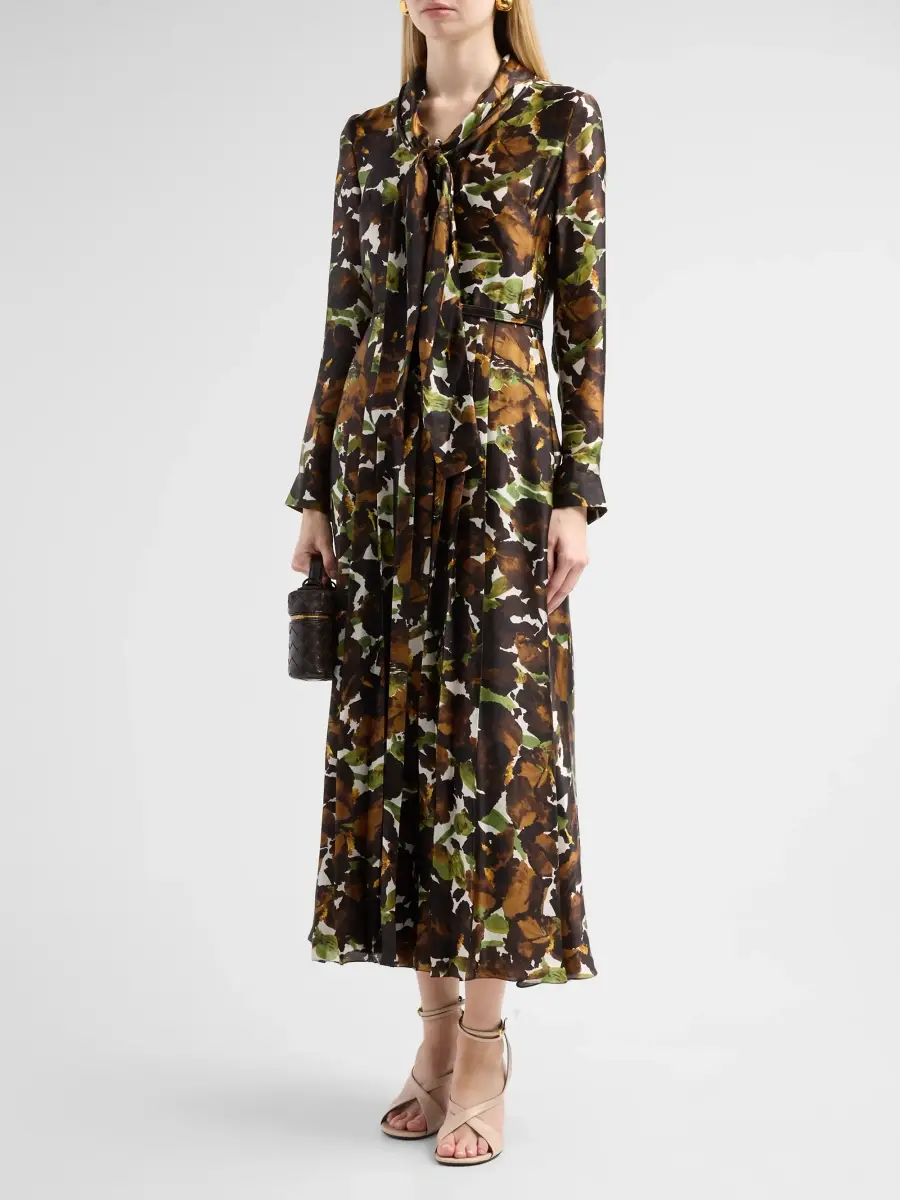 Oscar de la Renta Women's Watercolor Iris Satin Chiffon Day Dress | Thumbnail 4