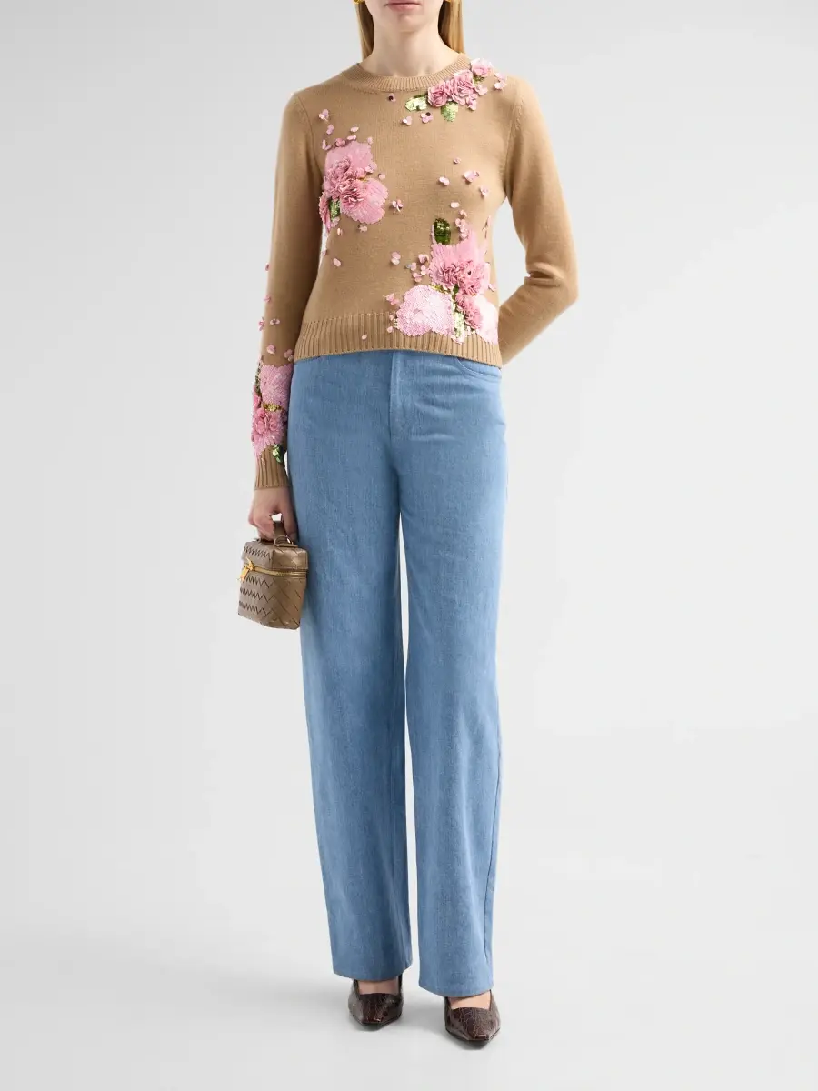 Oscar de la Renta Women's Resort Sequined Embroidered Watercolor Iris Sweater | Thumbnail 2 Oscar de la Renta Women's Resort Sequined Embroidered Watercolor Iris Sweater | Thumbnail 2