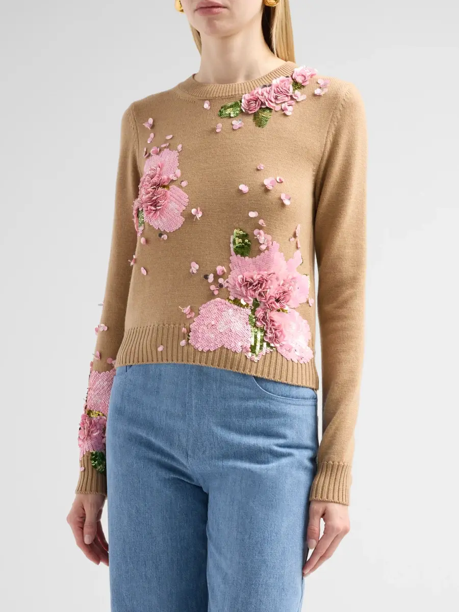 Oscar de la Renta Women's Resort Sequined Embroidered Watercolor Iris Sweater | Thumbnail 4 Oscar de la Renta Women's Resort Sequined Embroidered Watercolor Iris Sweater | Thumbnail 4