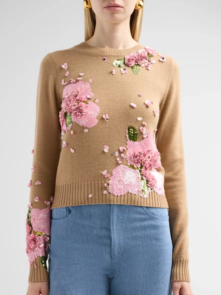 Oscar de la Renta Women's Resort Sequined Embroidered Watercolor Iris Sweater | Thumbnail 5 Oscar de la Renta Women's Resort Sequined Embroidered Watercolor Iris Sweater | Thumbnail 5