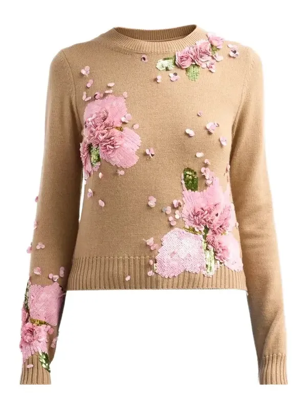 Women's Watercolor Iris-Embroidered Wool Sweater