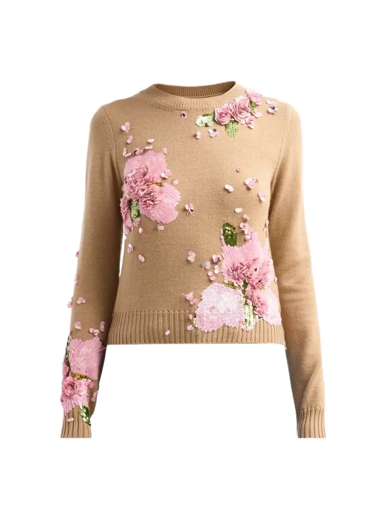 Women's Resort Sequined Embroidered Watercolor Iris Sweater