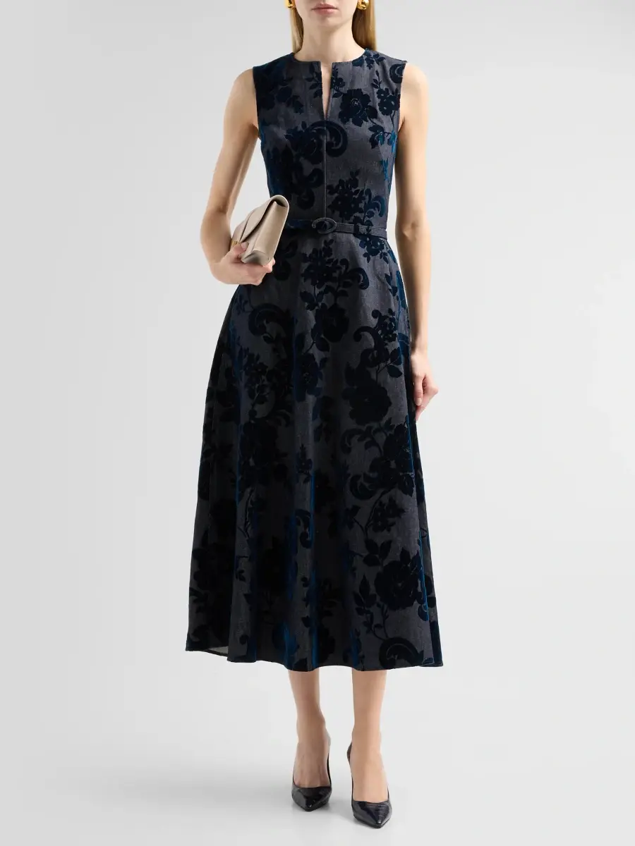 Oscar de la Renta Women's Resort Floral Flocked Denim Day Dress | Thumbnail 2 Oscar de la Renta Women's Resort Floral Flocked Denim Day Dress | Thumbnail 2