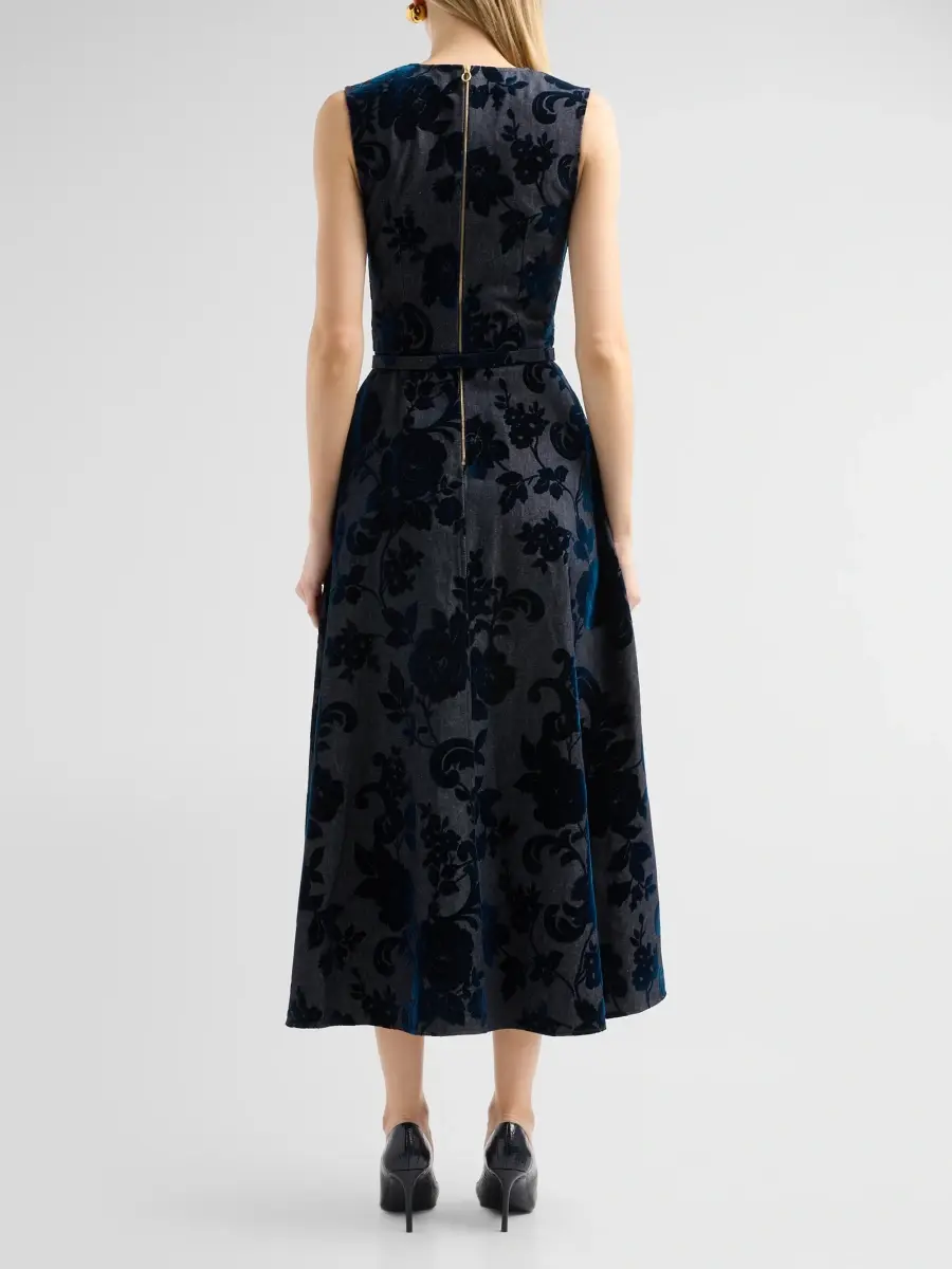 Oscar de la Renta Women's Resort Floral Flocked Denim Day Dress | Thumbnail 3 Oscar de la Renta Women's Resort Floral Flocked Denim Day Dress | Thumbnail 3