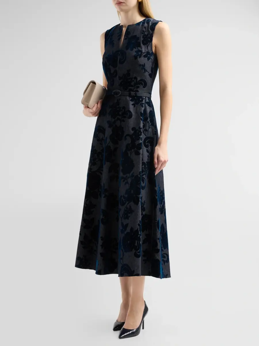 Oscar de la Renta Women's Resort Floral Flocked Denim Day Dress | Thumbnail 4 Oscar de la Renta Women's Resort Floral Flocked Denim Day Dress | Thumbnail 4