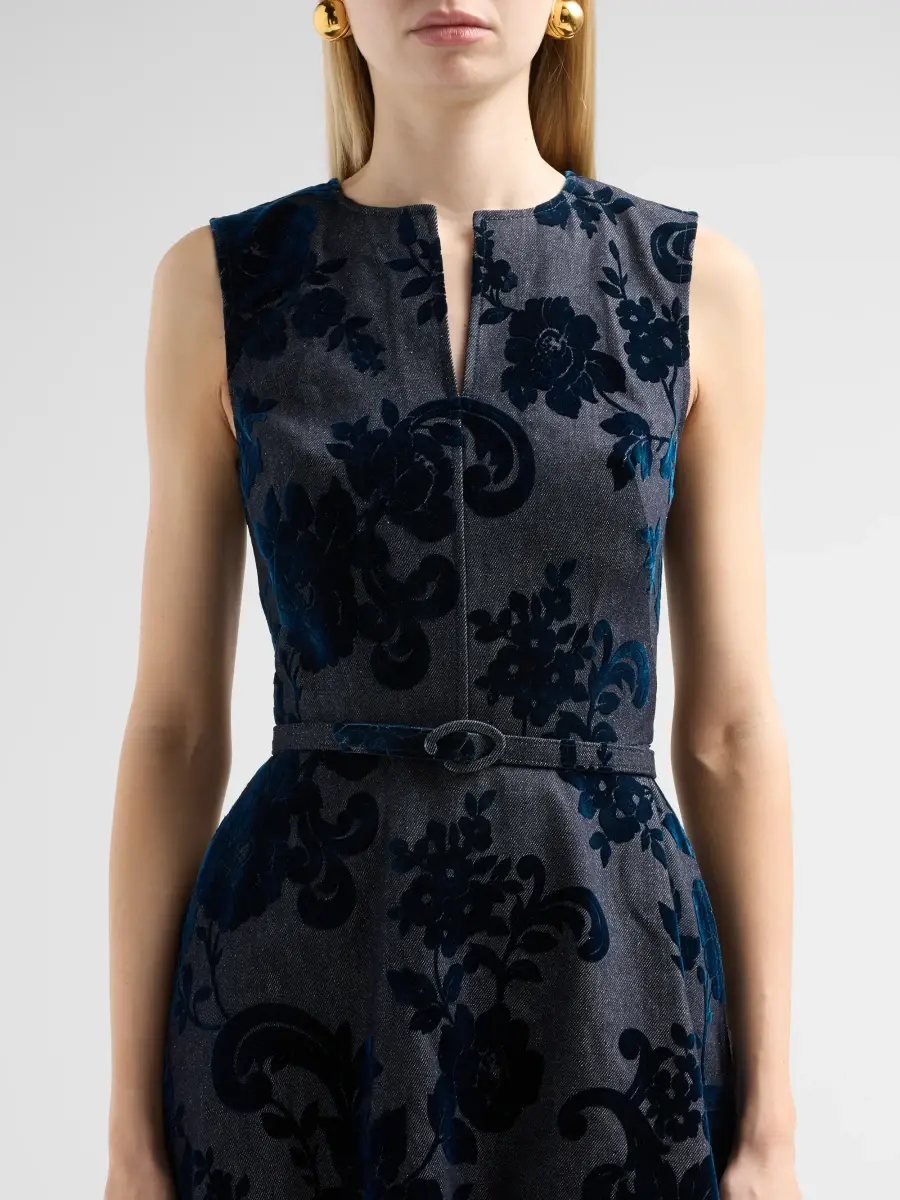 Oscar de la Renta Women's Resort Floral Flocked Denim Day Dress | Thumbnail 5 Oscar de la Renta Women's Resort Floral Flocked Denim Day Dress | Thumbnail 5