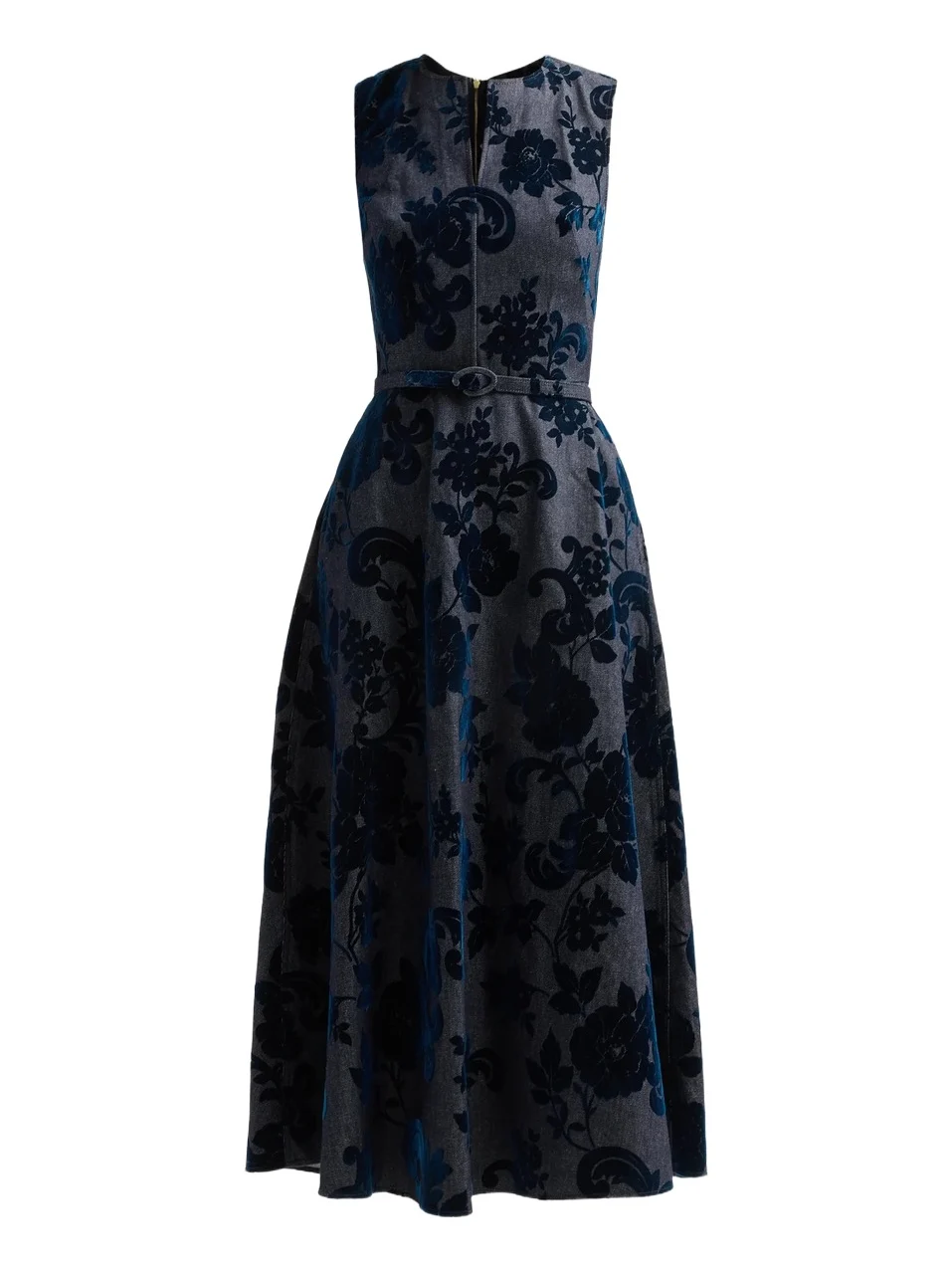 Oscar de la Renta Women's Floral Flocked Denim Belted Day Dress