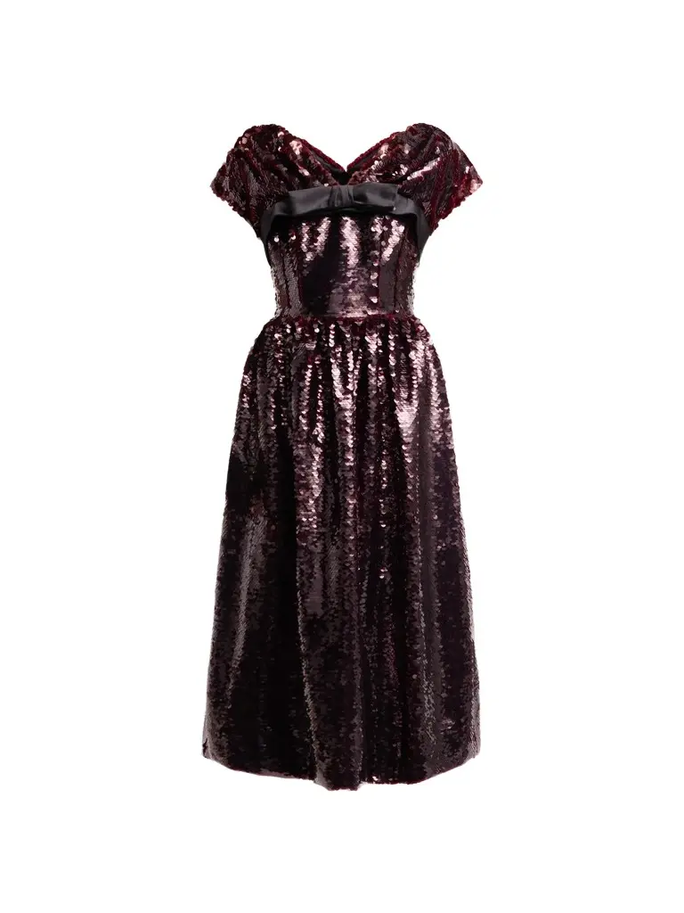 Women's Sequined Bow Cap-Sleeve Midi Dress