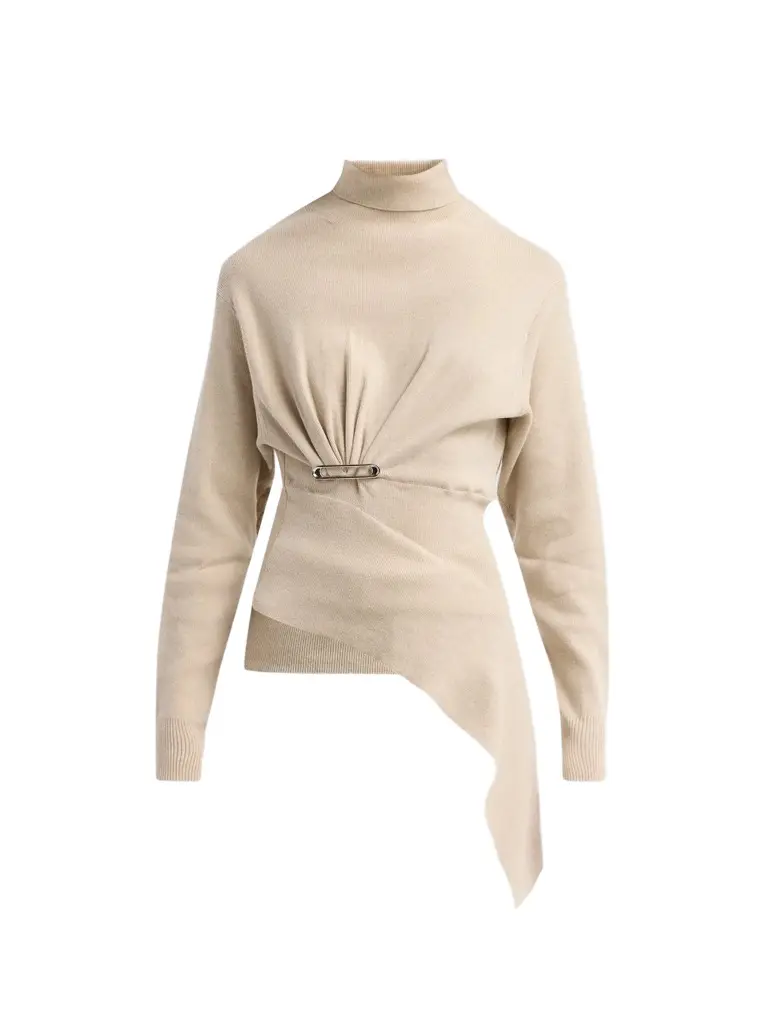 Women's Asymmetric Draped Safety Pin Turtleneck Sweater Women's Asymmetric Draped Safety Pin Turtleneck Sweater