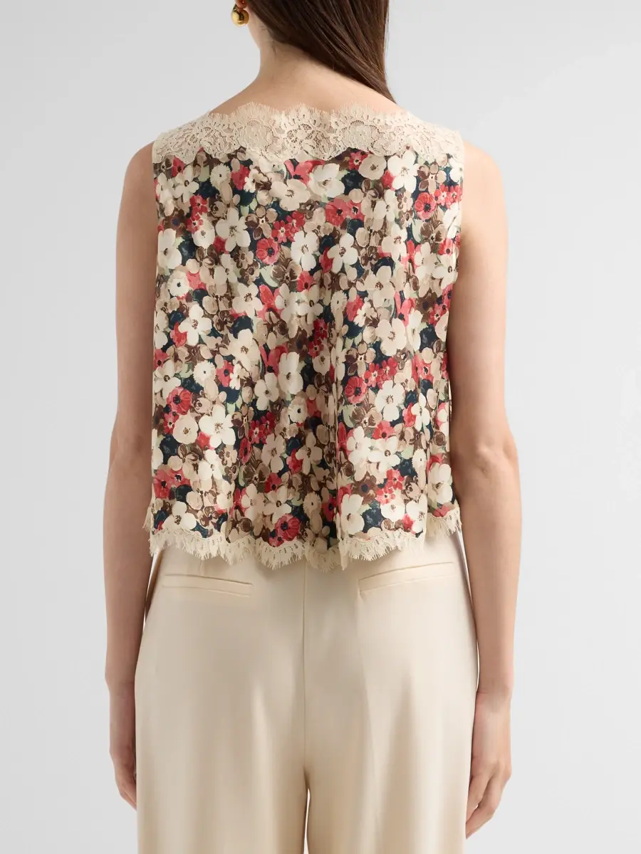 DÔEN Women's Valerina Printed Silk Lace-Trim Top | Thumbnail 3