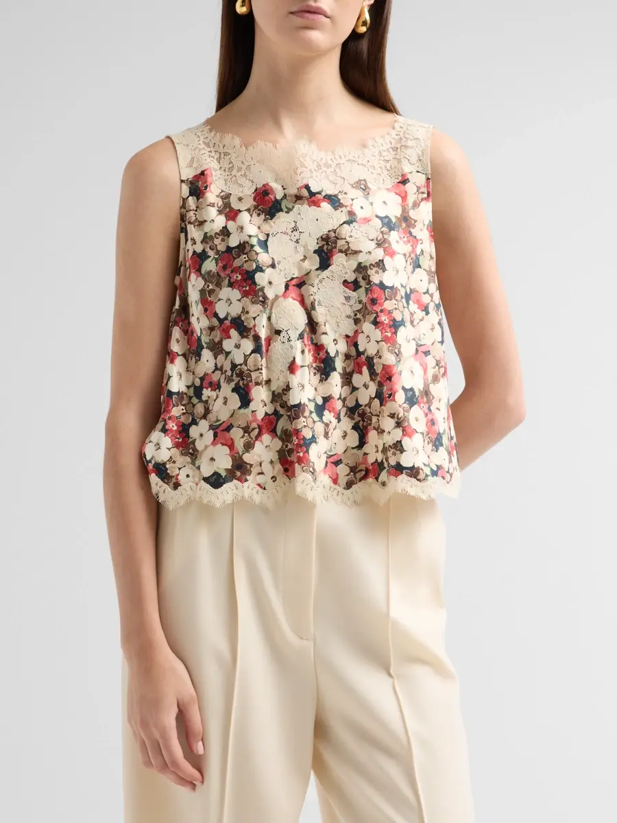 DÔEN Women's Valerina Printed Silk Lace-Trim Top | Thumbnail 4