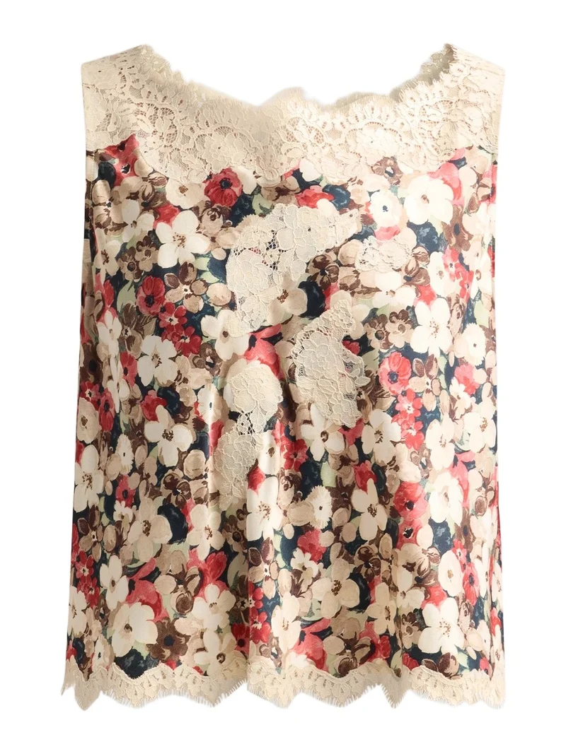 DÔEN Women's Valerina Printed Silk Lace-Trim Top