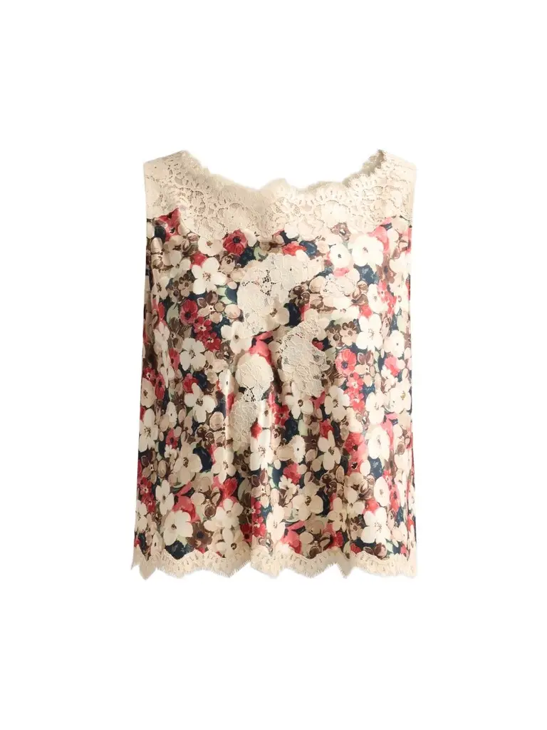 DÔEN Women's Valerina Printed Silk Lace-Trim Top