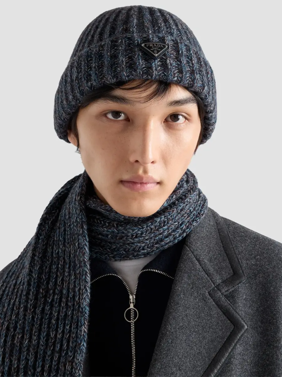 Prada Men's Mouliné Cashmere and Wool Beanie - Blue | Thumbnail 2