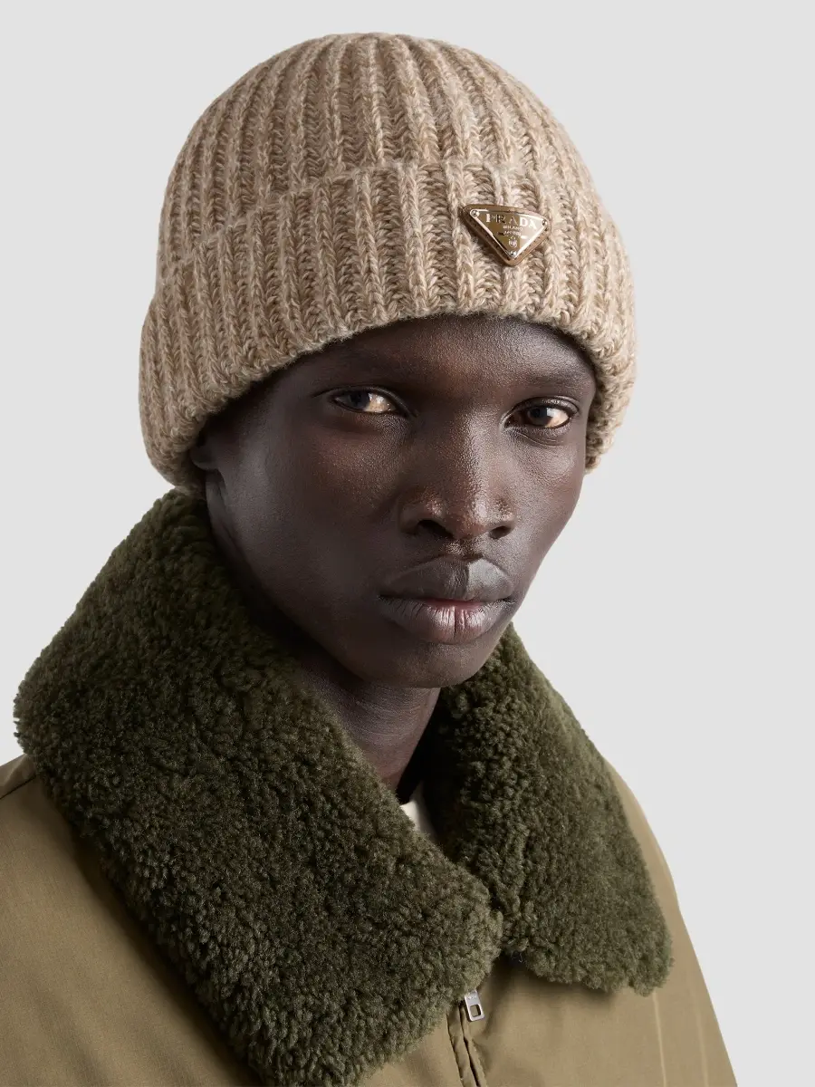 Prada Men's Mouliné Cashmere and Wool Beanie - Beige | Thumbnail 2