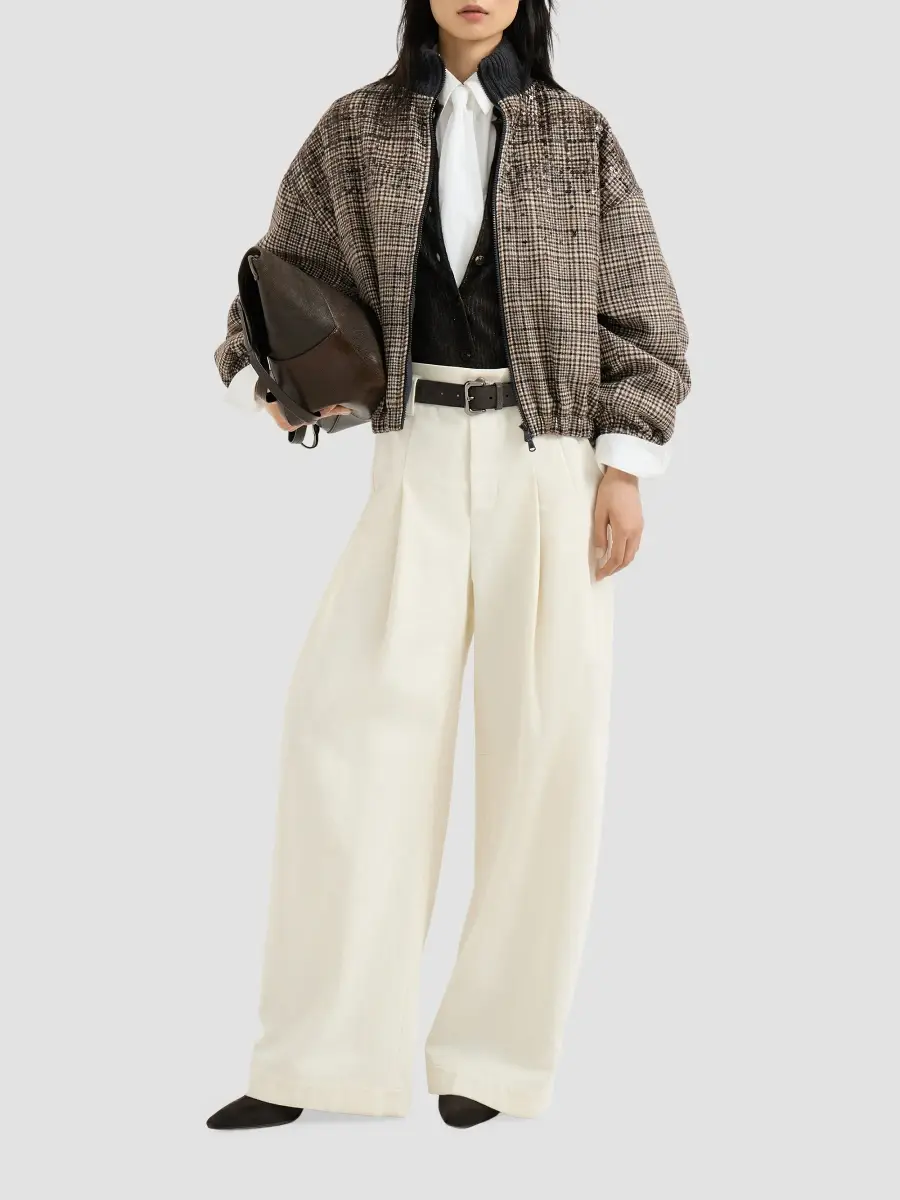 Brunello Cucinelli Women's Checked Alpaca and Wool Bomber Jacket | Thumbnail 2