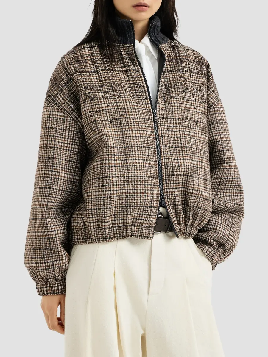 Brunello Cucinelli Women's Checked Alpaca and Wool Bomber Jacket | Thumbnail 3