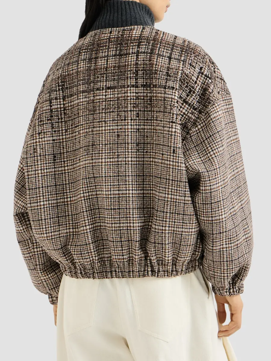 Brunello Cucinelli Women's Checked Alpaca and Wool Bomber Jacket | Thumbnail 4