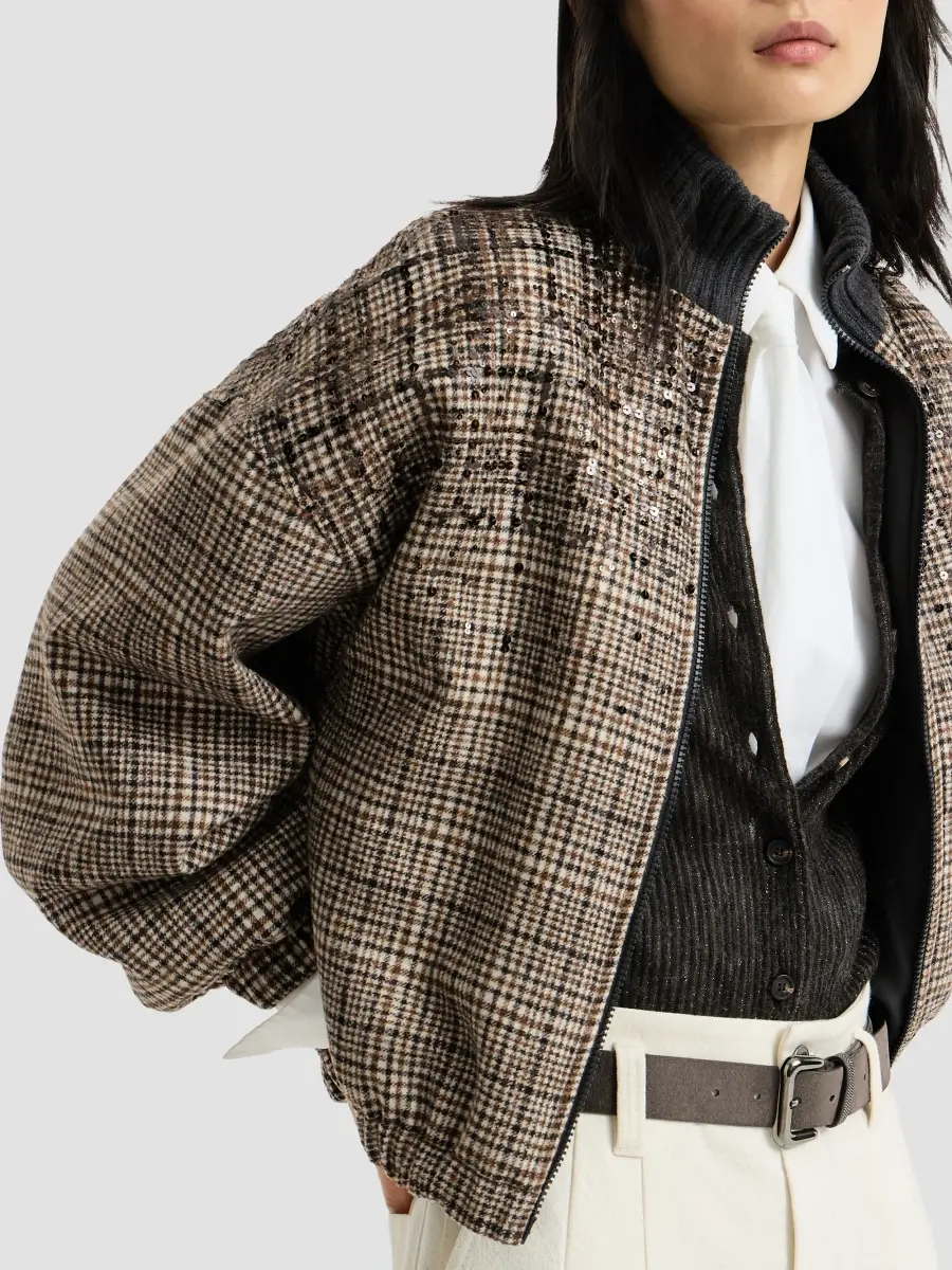 Brunello Cucinelli Women's Checked Alpaca and Wool Bomber Jacket | Thumbnail 6