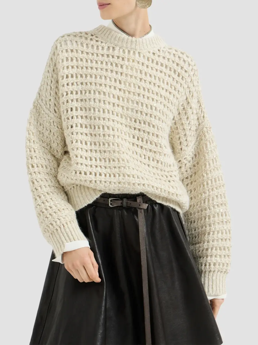 Brunello Cucinelli Women's Dazzling Soft Virgin Wool and Cashmere Net Sweater | Thumbnail 2 Brunello Cucinelli Women's Dazzling Soft Virgin Wool and Cashmere Net Sweater | Thumbnail 2