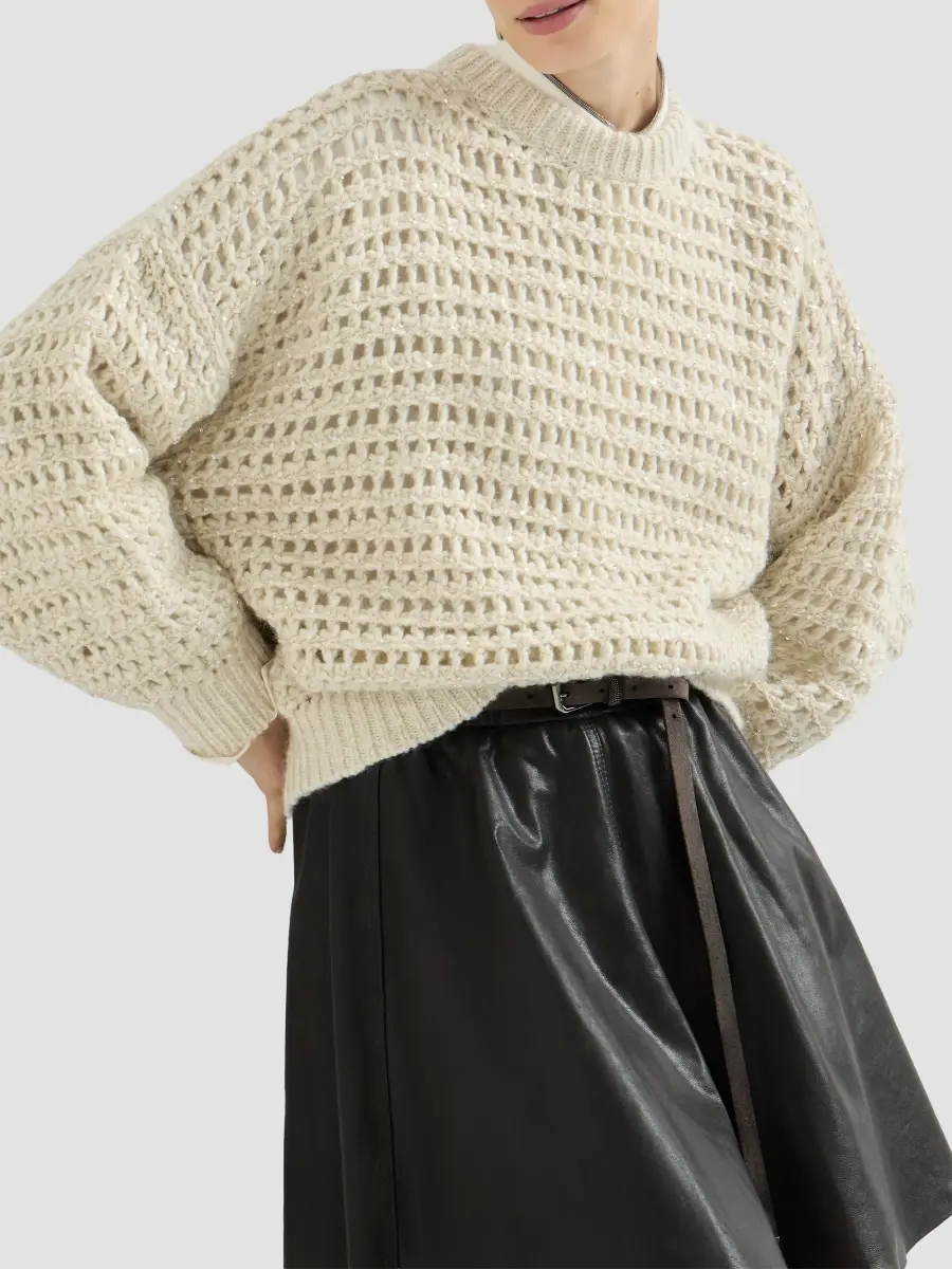 Brunello Cucinelli Women's Dazzling Soft Virgin Wool and Cashmere Net Sweater | Thumbnail 4 Brunello Cucinelli Women's Dazzling Soft Virgin Wool and Cashmere Net Sweater | Thumbnail 4