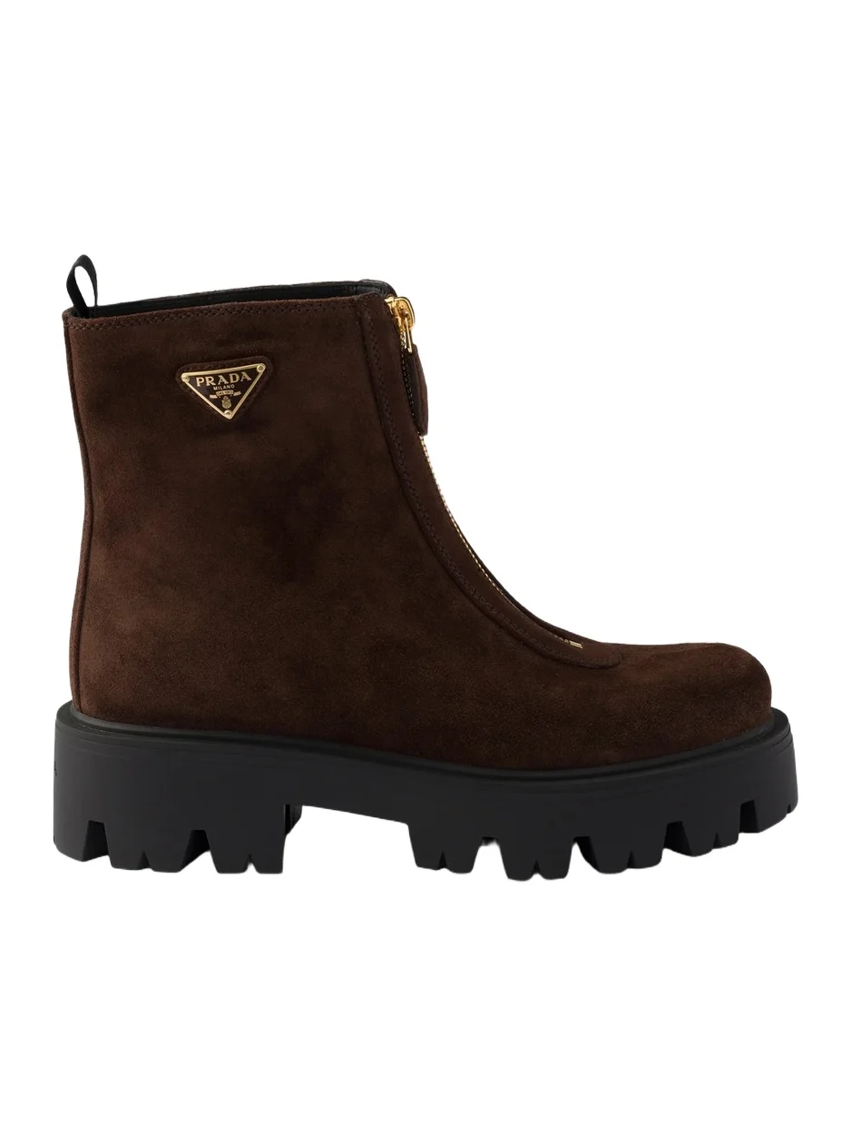 Prada Women's Suede Booties with Zip - Brown