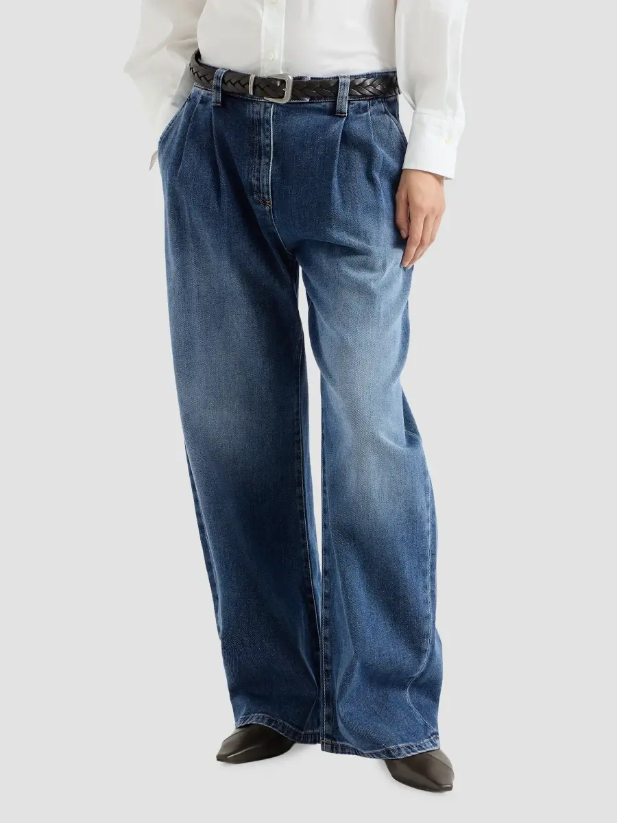 Brunello Cucinelli Women's Comfort Cotton Denim Loose Curved Trousers with Monili | Thumbnail 2 Brunello Cucinelli Women's Comfort Cotton Denim Loose Curved Trousers with Monili | Thumbnail 2
