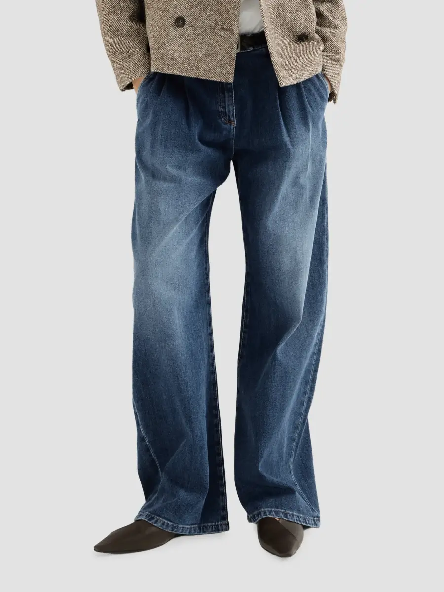 Brunello Cucinelli Women's Comfort Cotton Denim Loose Curved Trousers with Monili | Thumbnail 4 Brunello Cucinelli Women's Comfort Cotton Denim Loose Curved Trousers with Monili | Thumbnail 4