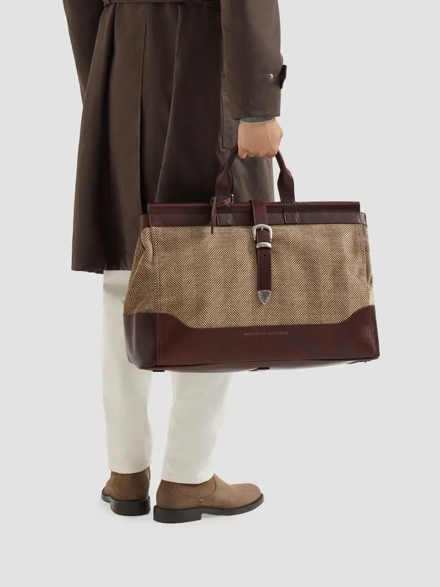 Brunello Cucinelli Men's Burnished Calfskin and Chevron-Effect Techno Fabric Doctor Bag | Thumbnail 2 Brunello Cucinelli Men's Burnished Calfskin and Chevron-Effect Techno Fabric Doctor Bag | Thumbnail 2
