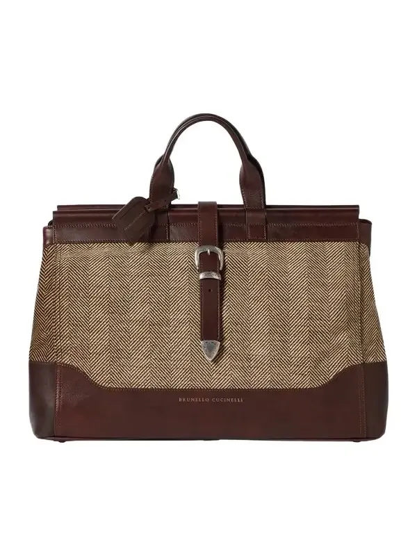 Brunello Cucinelli Men's Burnished Calfskin and Chevron-Effect Techno Fabric Doctor Bag