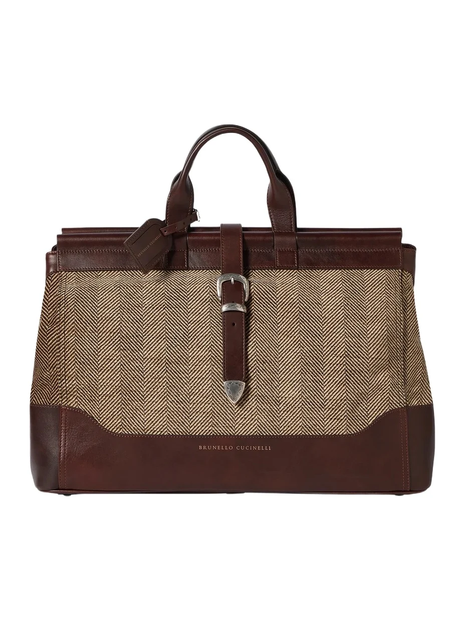 Brunello Cucinelli Men's Burnished Calfskin and Chevron-Effect Techno Fabric Doctor Bag