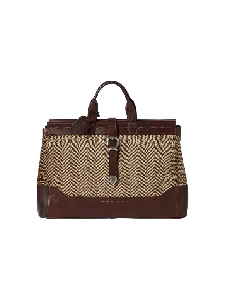 Brunello Cucinelli Men's Burnished Calfskin and Chevron-Effect Techno Fabric Doctor Bag