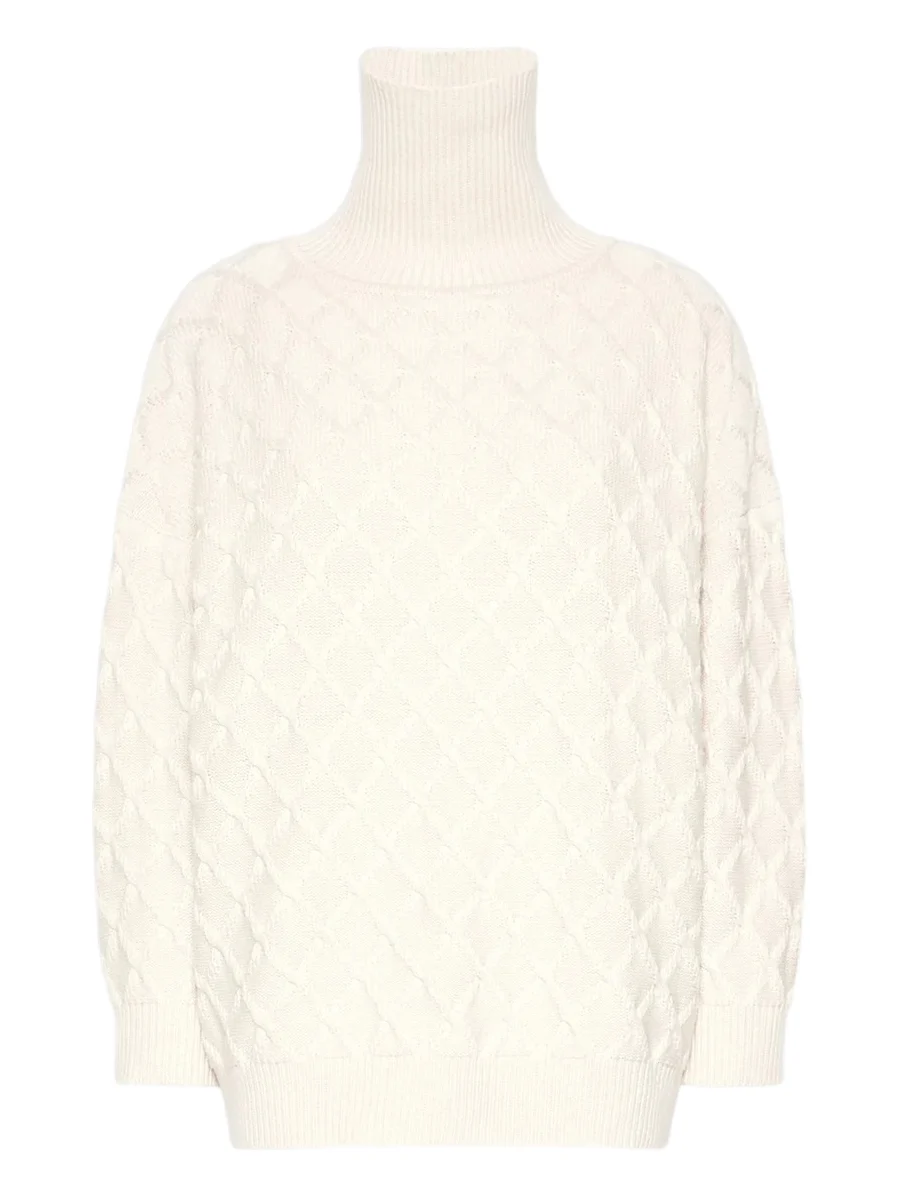 Women's Oversized Diamond Wool and Cashmere Sweater - Beige