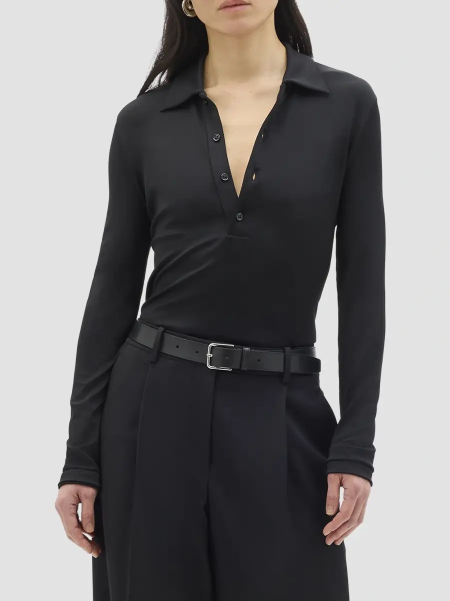 Another Tomorrow Women's Fluid Long Sleeve Polo Top | Thumbnail 2 Another Tomorrow Women's Fluid Long Sleeve Polo Top | Thumbnail 2