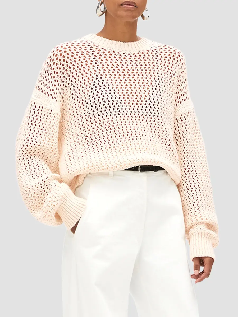 Another Tomorrow Women's Open Knit Crewneck | Thumbnail 4 Another Tomorrow Women's Open Knit Crewneck | Thumbnail 4