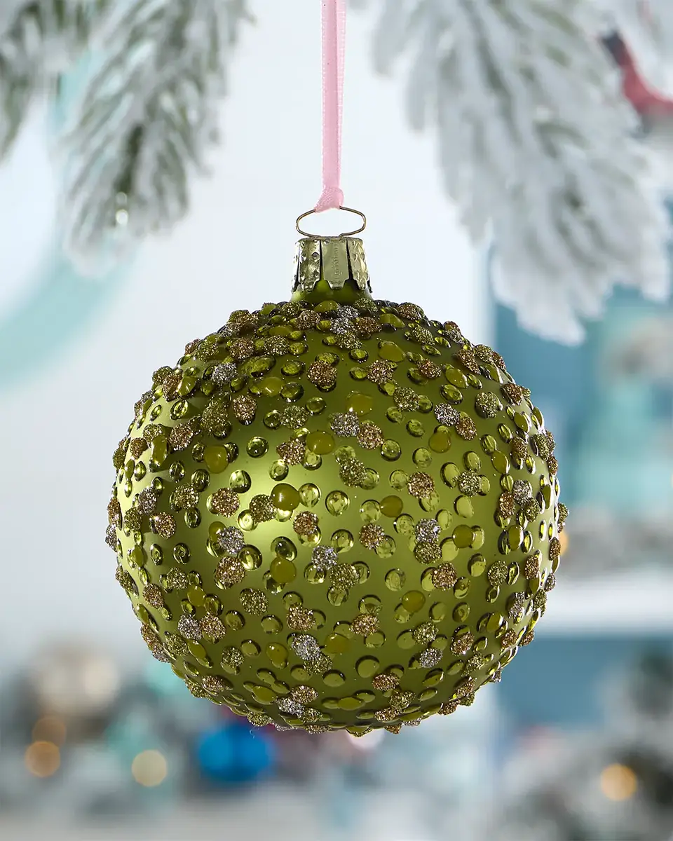 Exclusive Glitter Polka Dots on Matte Green Ball Christmas Ornament
