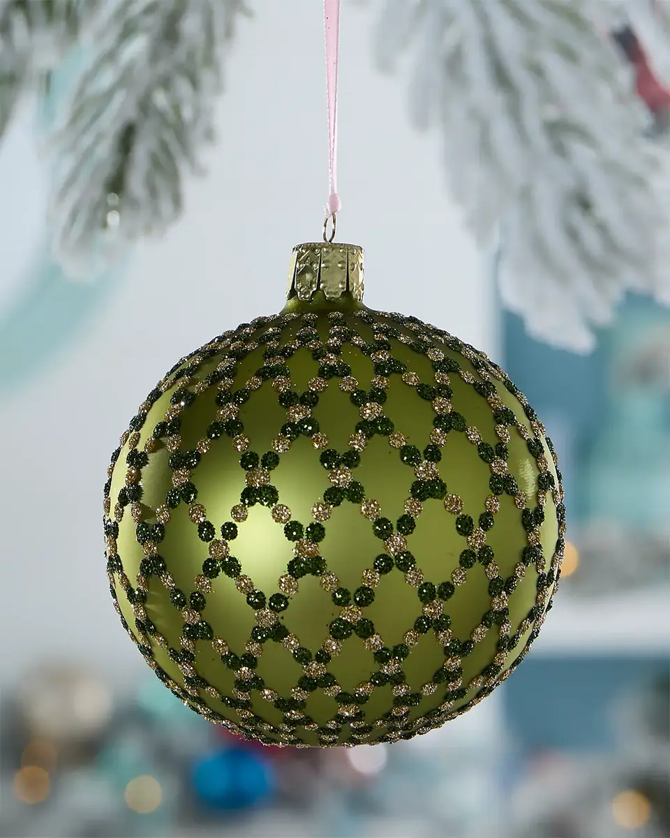 Exclusive Glittery Diamond Lattice on Matte Green Ball Christmas Ornament